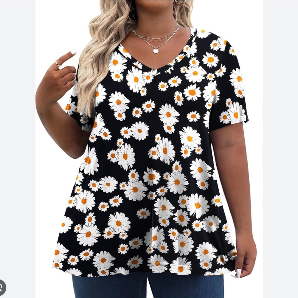 Plus Size Daisy Print Tunic Top 3XL Stretch Jersey Trapeze A-line Boho Black